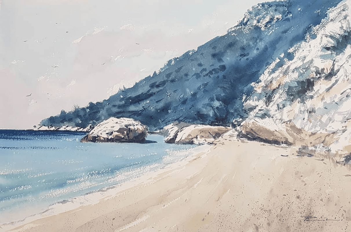Plaža na Pelješcu , watercolor, 55×37 cm 1