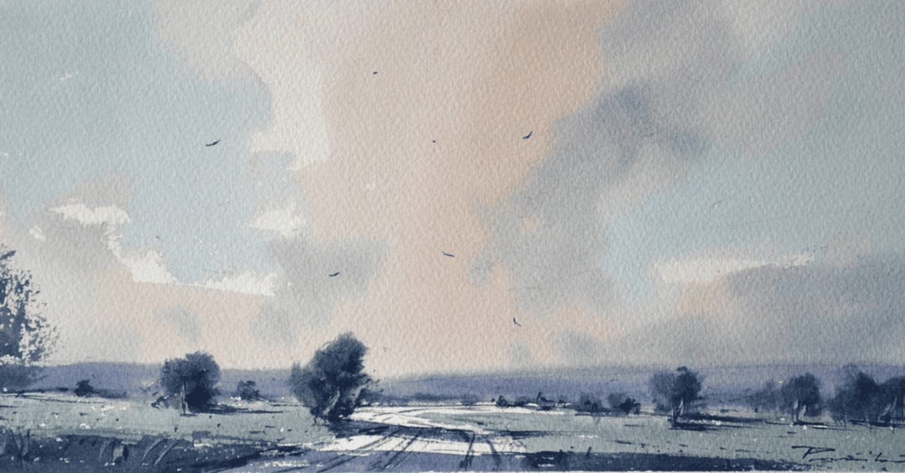 Akvarel, 37 x 17 cm pejsaz sa putom